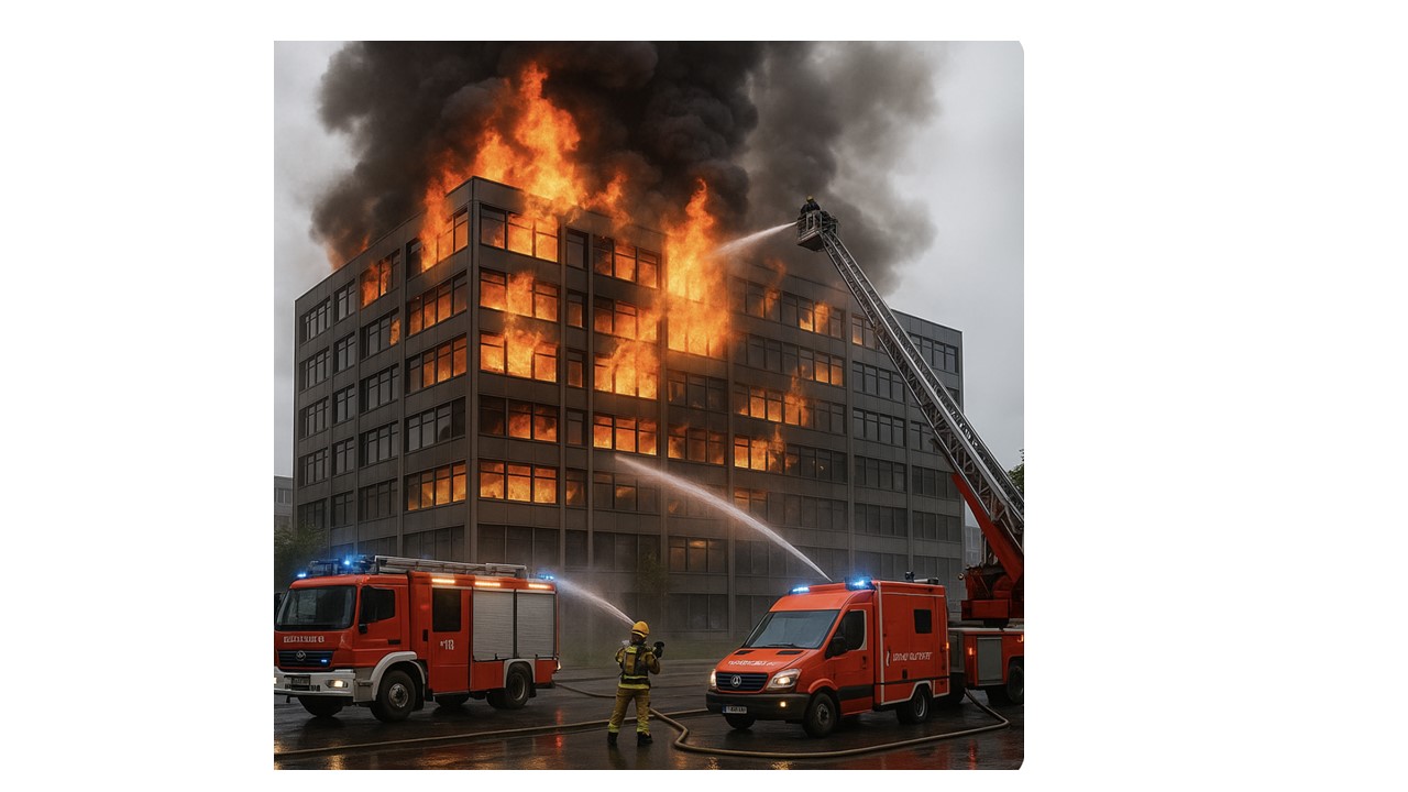 A multi-story office building on fire, with flames and thick black smoke billowing from the windows. Fire trucks and firefighters are on the scene, using water hoses to try to extinguish the blaze.