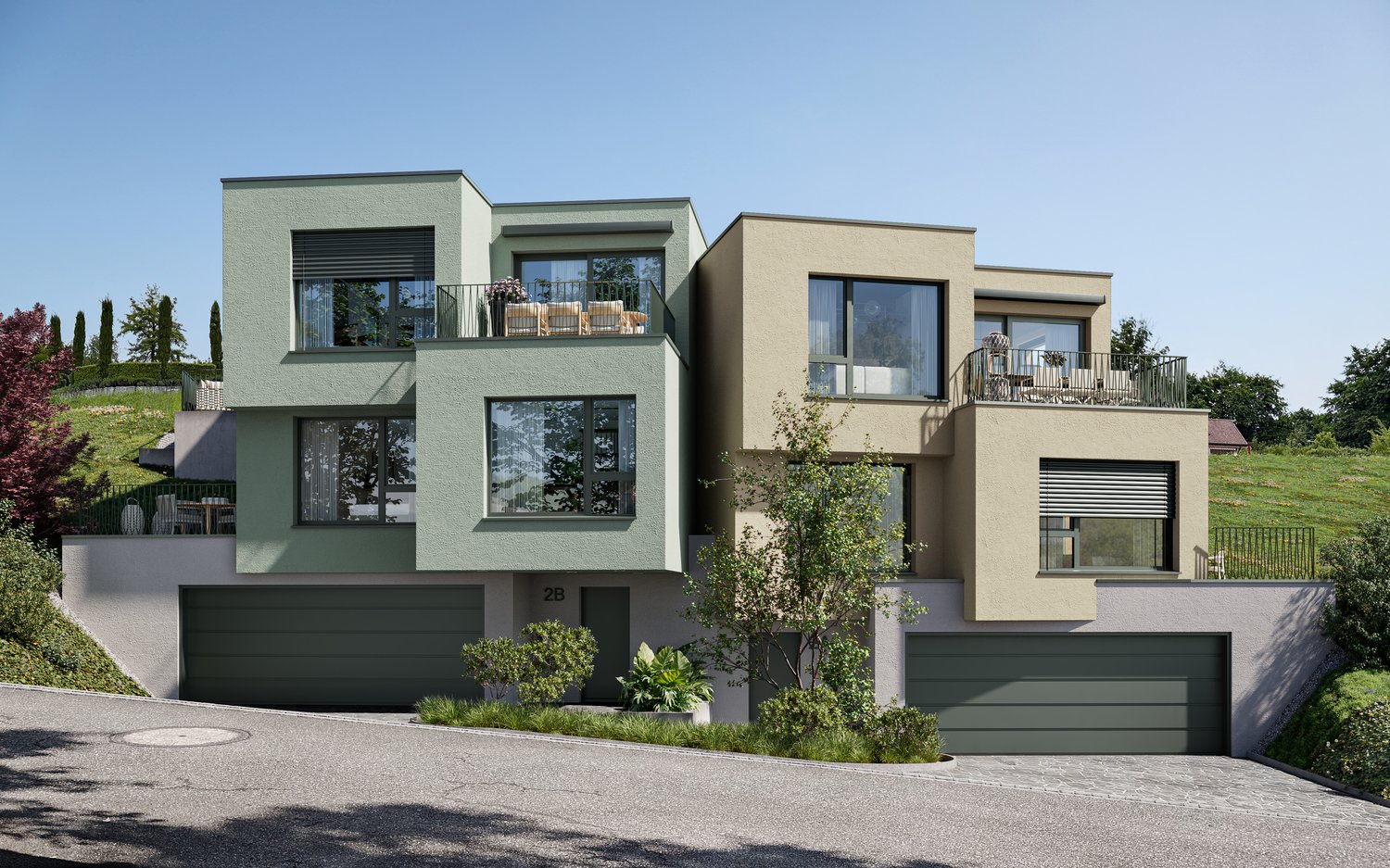 Two story house, green exterior, 3 garages, balconies