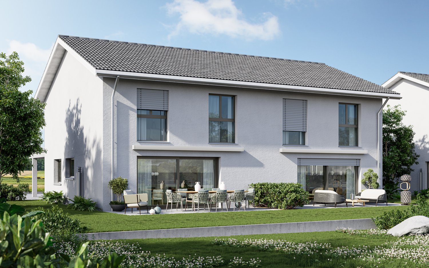 2-story white house with gray roof, modern windows, patio, garden with furniture and plants
