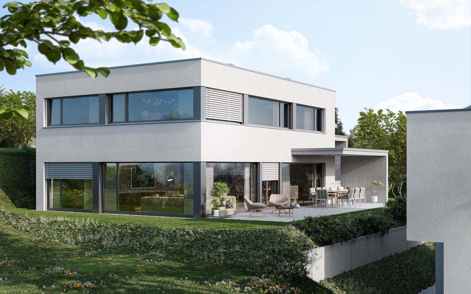 Modern white house, large glass windows, outdoor terrace, garden, patio furniture