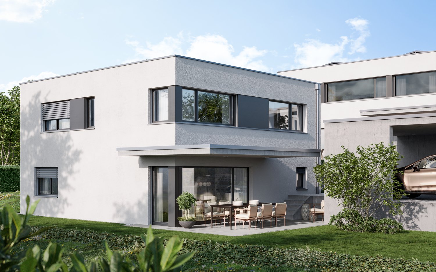 modern white house, 2 stories, large windows, garage, terrace, garden