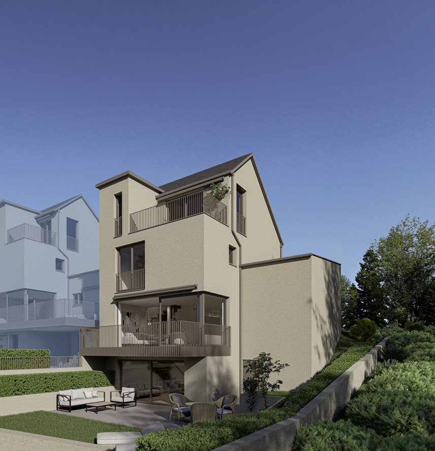 3 story house, beige exterior, multiple balconies, garden, outdoor seating area