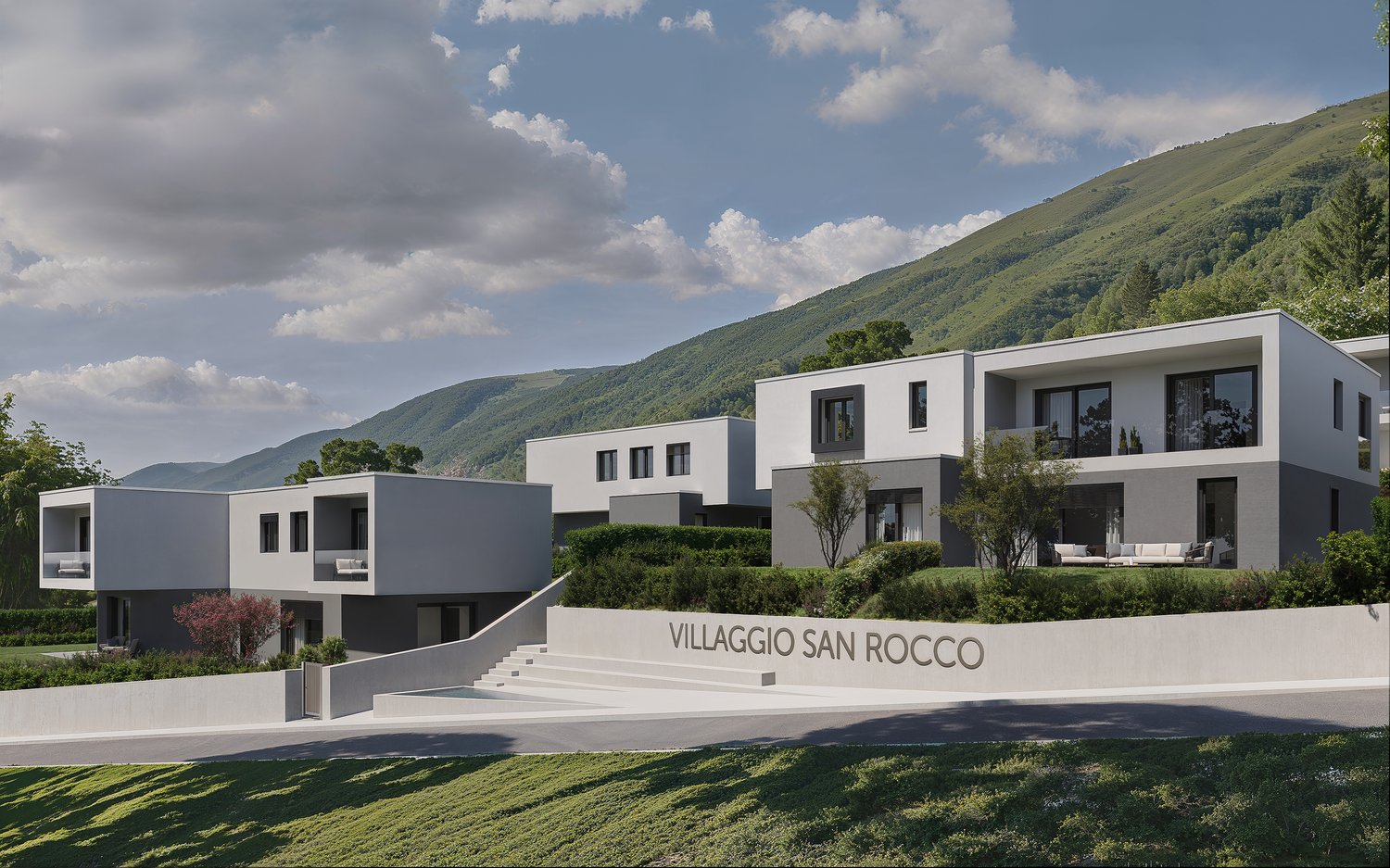 4 modern houses in a row, gray and white, set on the mountainside, large windows, large balconies