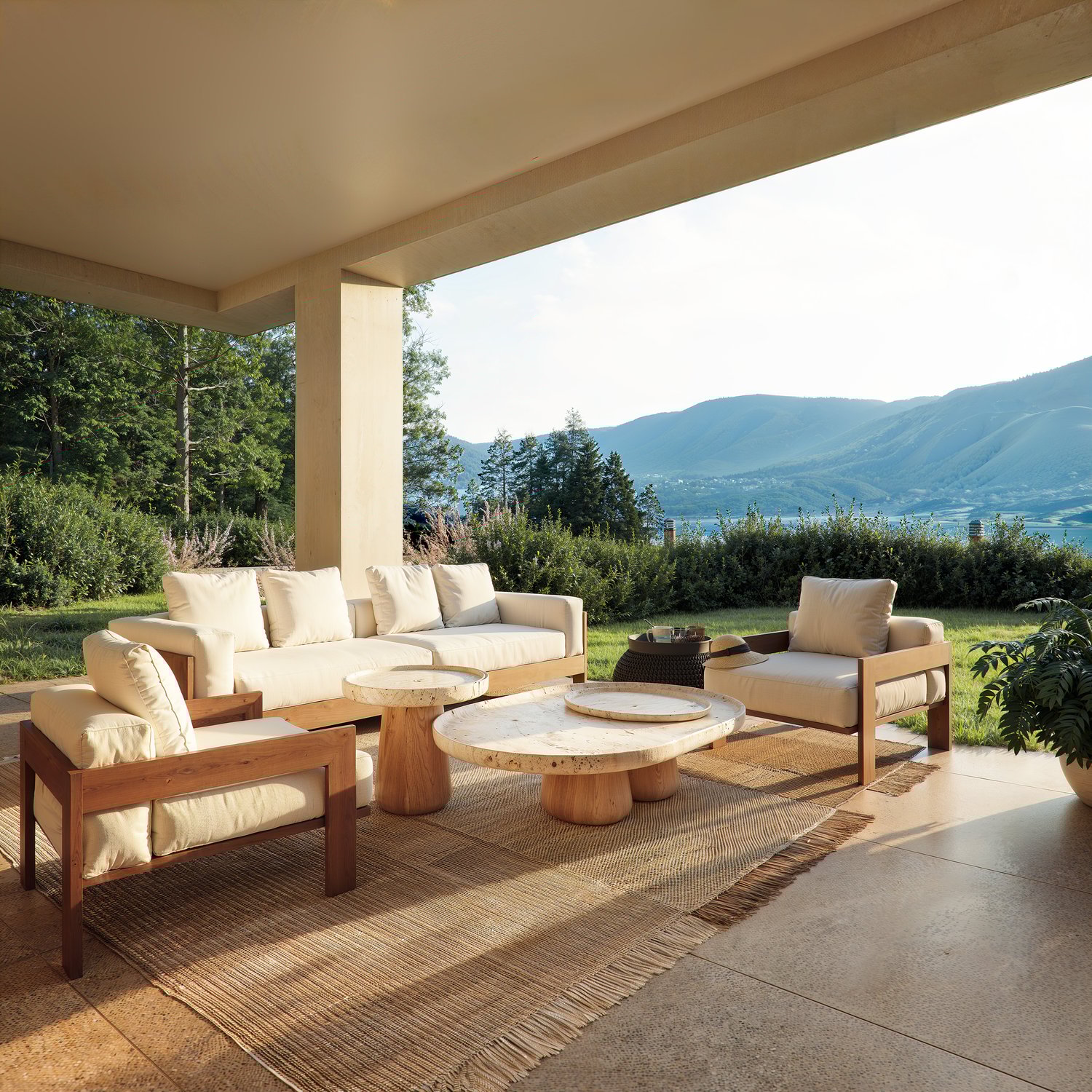 covered outdoor seating area, beige sofa, wooden table, beige rug, white cushion