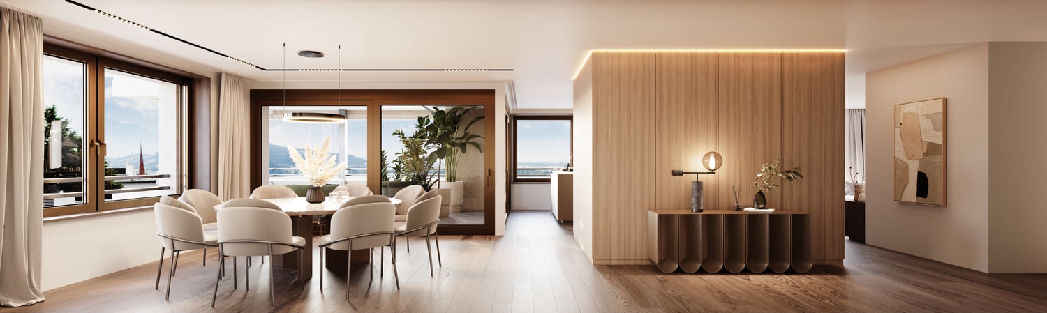 Dining room with wooden floor, large windows, dining table, chairs, wooden wall, artwork, plants