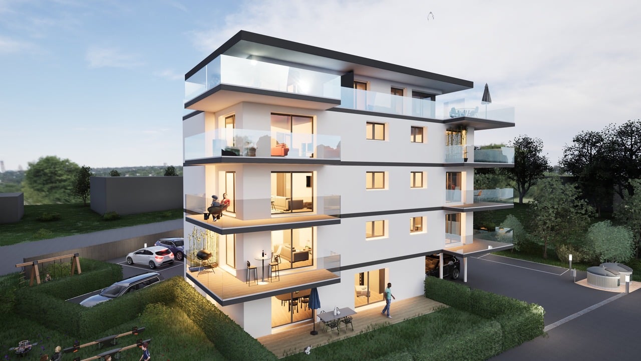 Multi-story apartment building, white exterior, large glass windows, multiple balconies and terraces, underground parking, playground in the front.