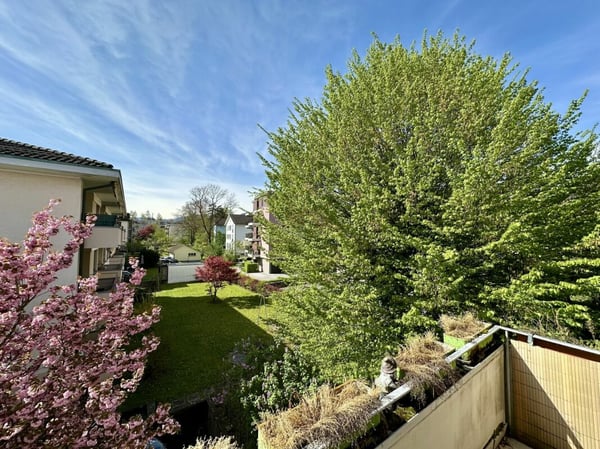 SONNIGER BALKON MIT BLICK INS GRÜNE