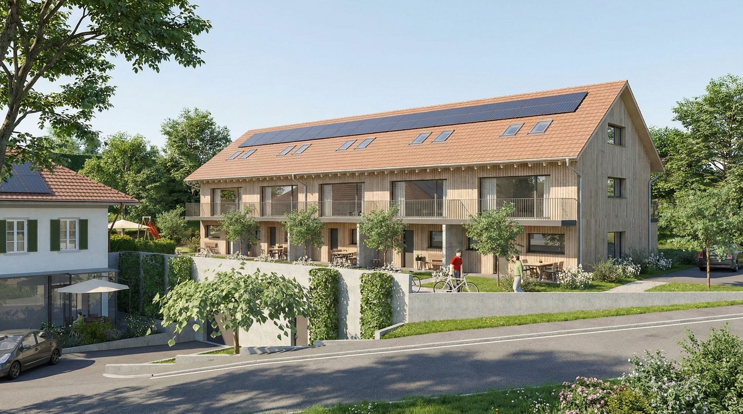wood exterior, solar panels, balconies, greenery, bicycles, outdoor seating, car