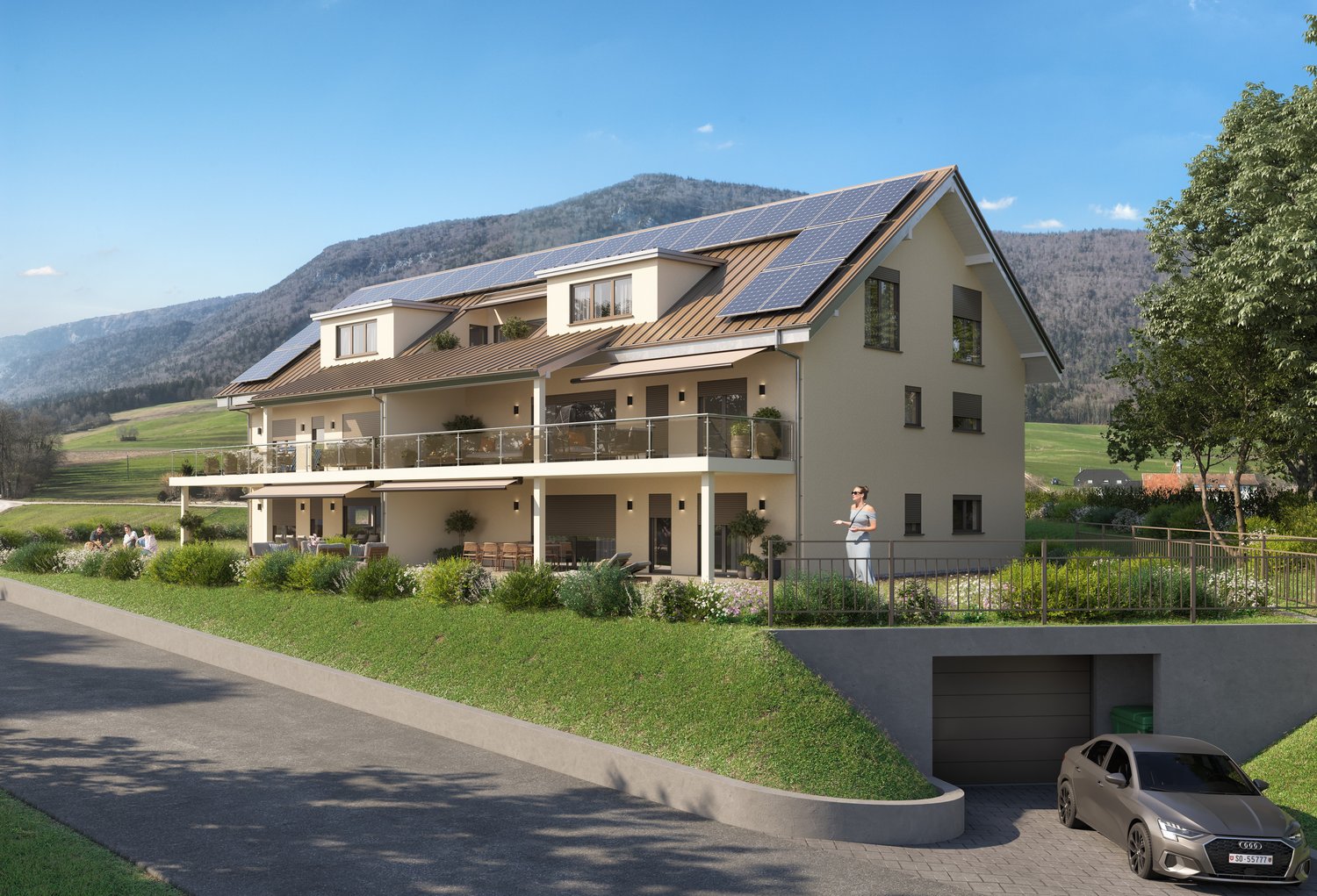 3-story apartment building with solar panels on the roof, balconies, garage, and parking space in front of the building. The building is surrounded by green landscaping and has a mountainous backdrop.