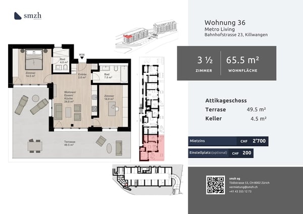 3½-Zimmer Attika mit 49.5 m² Terrasse in Killwangen mieten