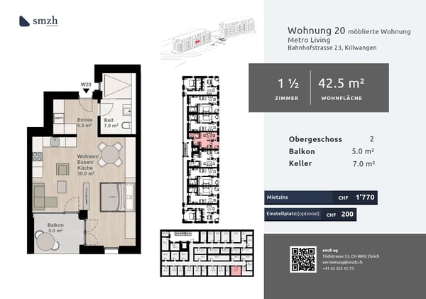 1.5-Zi.-Wohnung möbliert mit Balkon - urban wohnen in Killwangen 2