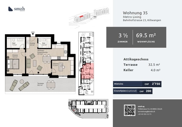 3.5-Zimmer-Attika mit grosser Terrasse in Killwangen mieten 2