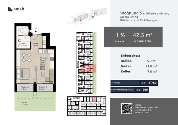 1.5-Zimmer-Gartenwohnung, Minergie, direkt am Bahnhof Killwangen 2