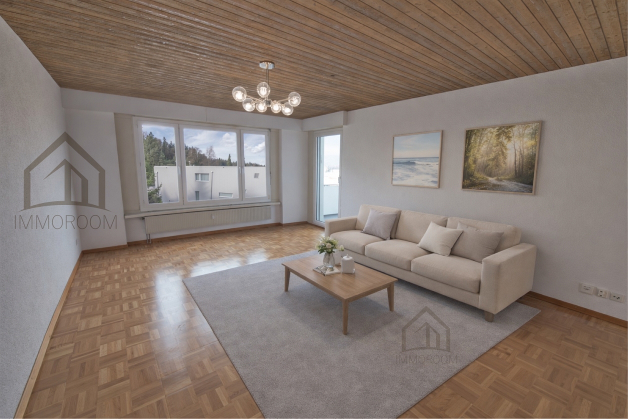 Chandelier, parquet floor, beige sofa, coffee table, beige carpet, windows, wall paintings