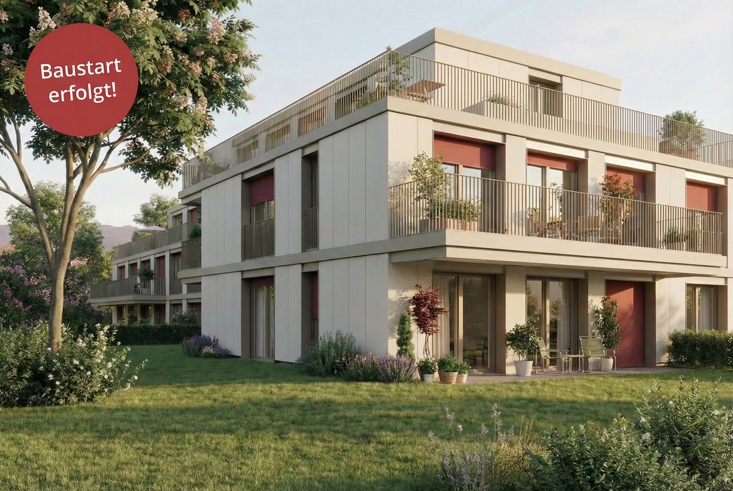 Modern white two-story apartment building, balcony, landscaped garden, large windows, front yard with plants