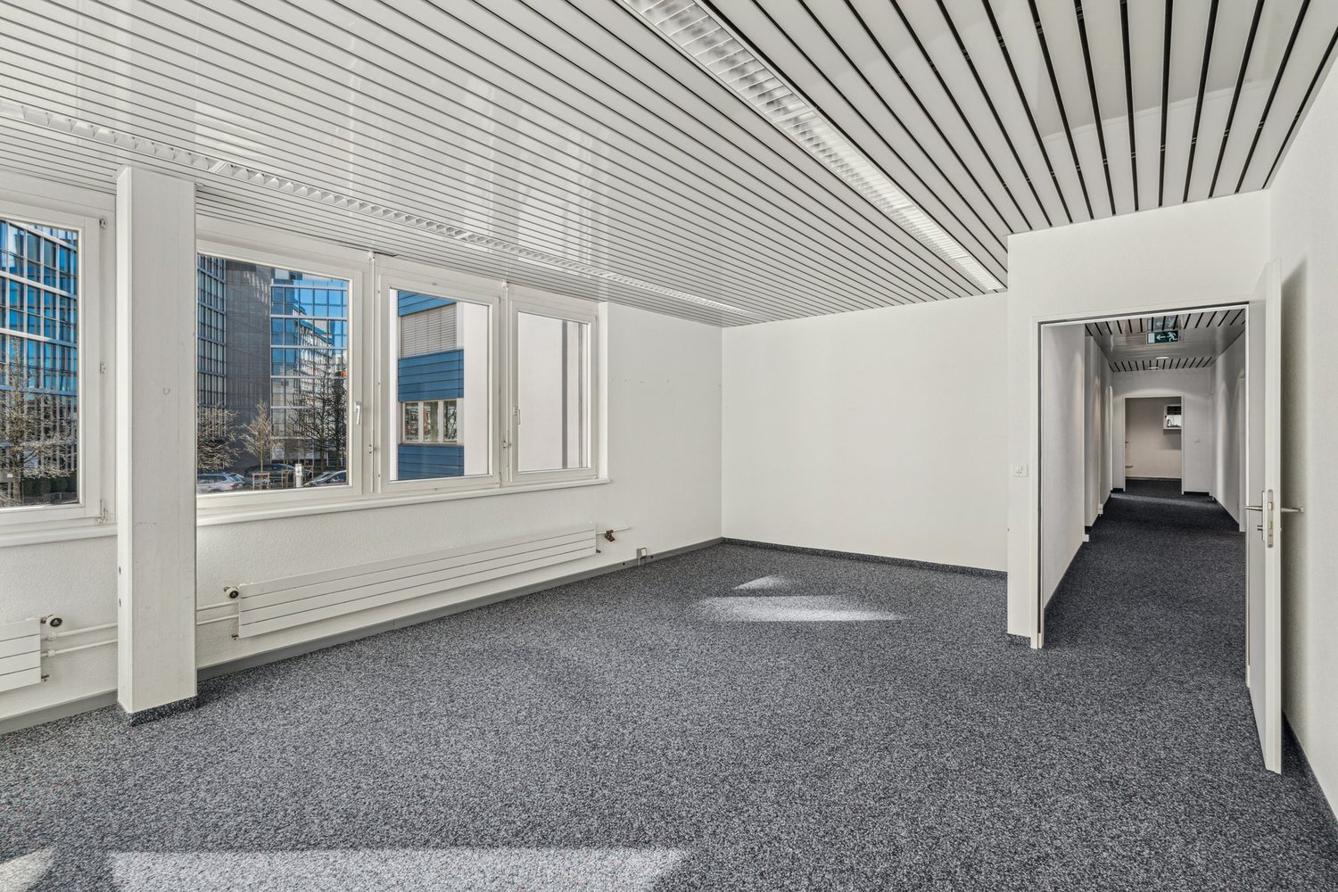 white walls, carpeted floor, large windows, radiators