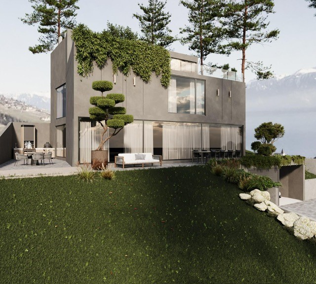 2 story modern house with gray exterior, large windows, balcony, landscaped garden with trees and shrubs