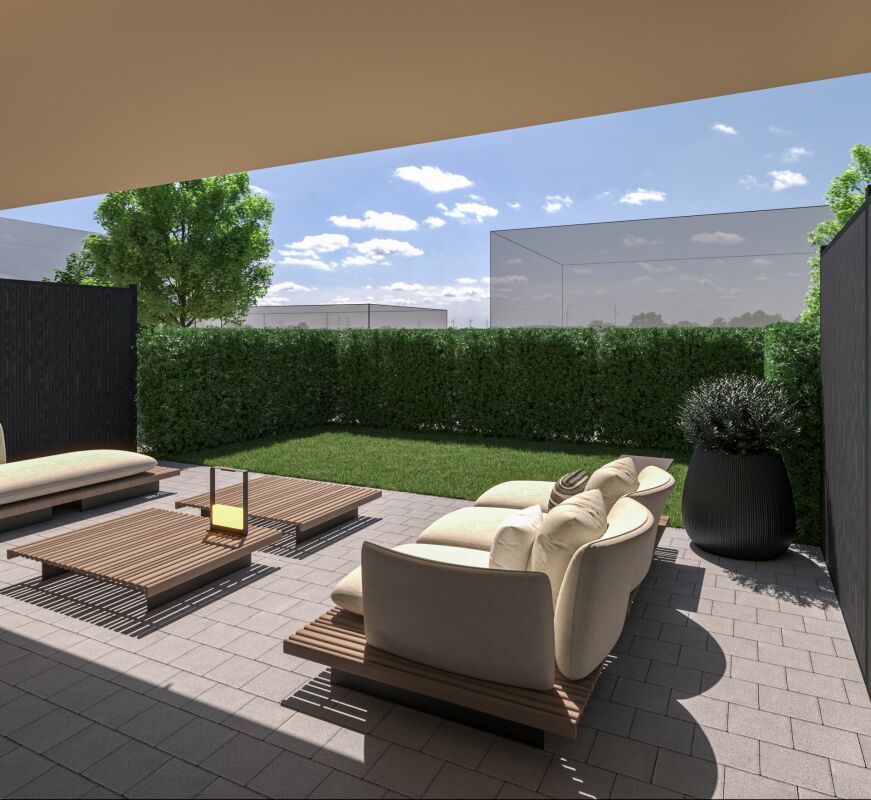 Appartamento giardino moderno 5,5 locali con camera principale, bagno en suite, loggia e balcone
