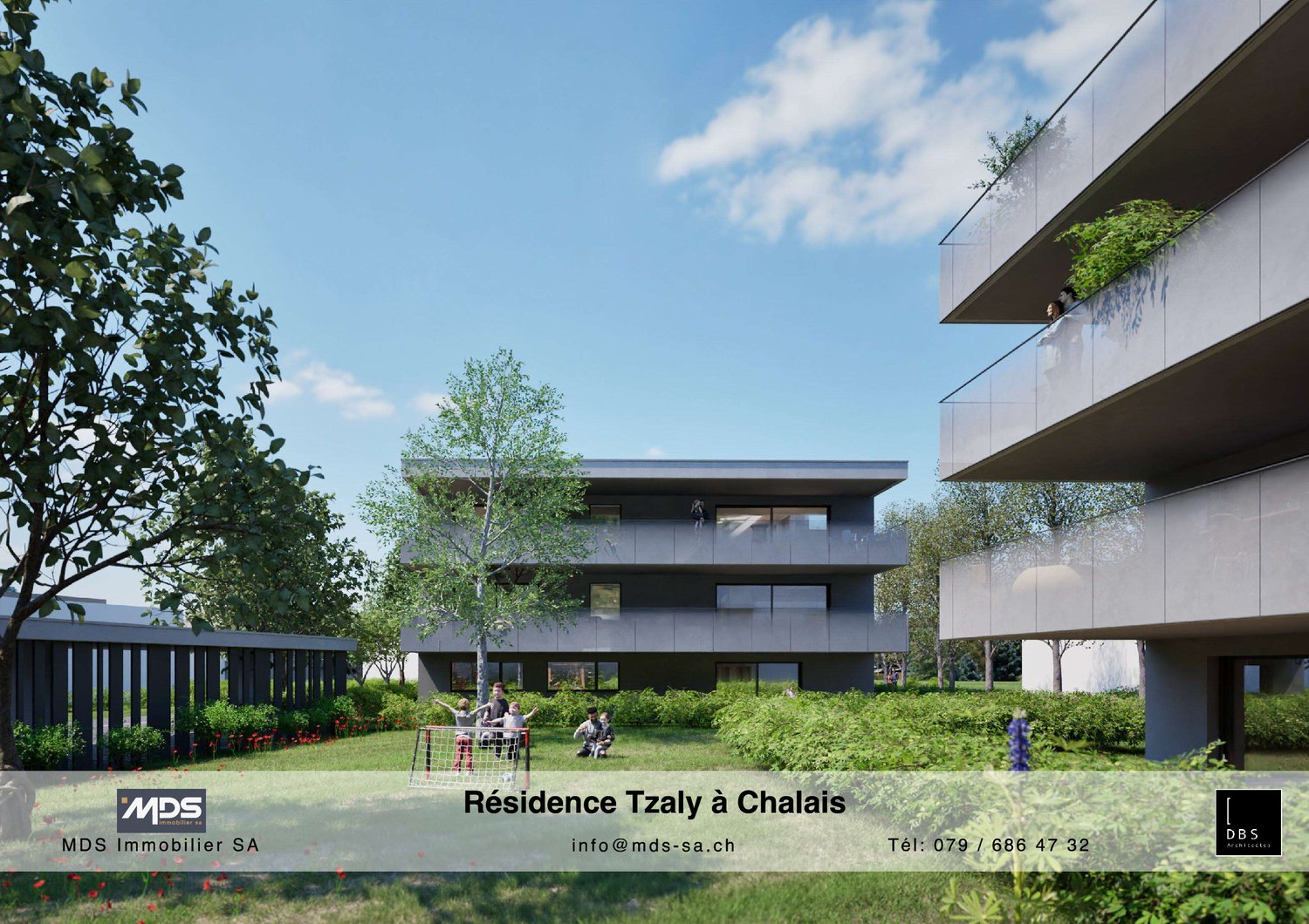 Modern multi-story apartment building with balconies, surrounded by lush greenery and trees. The building has a sleek, contemporary design with large windows and a mix of glass and dark exterior materials. There are people visible in the outdoor seating a