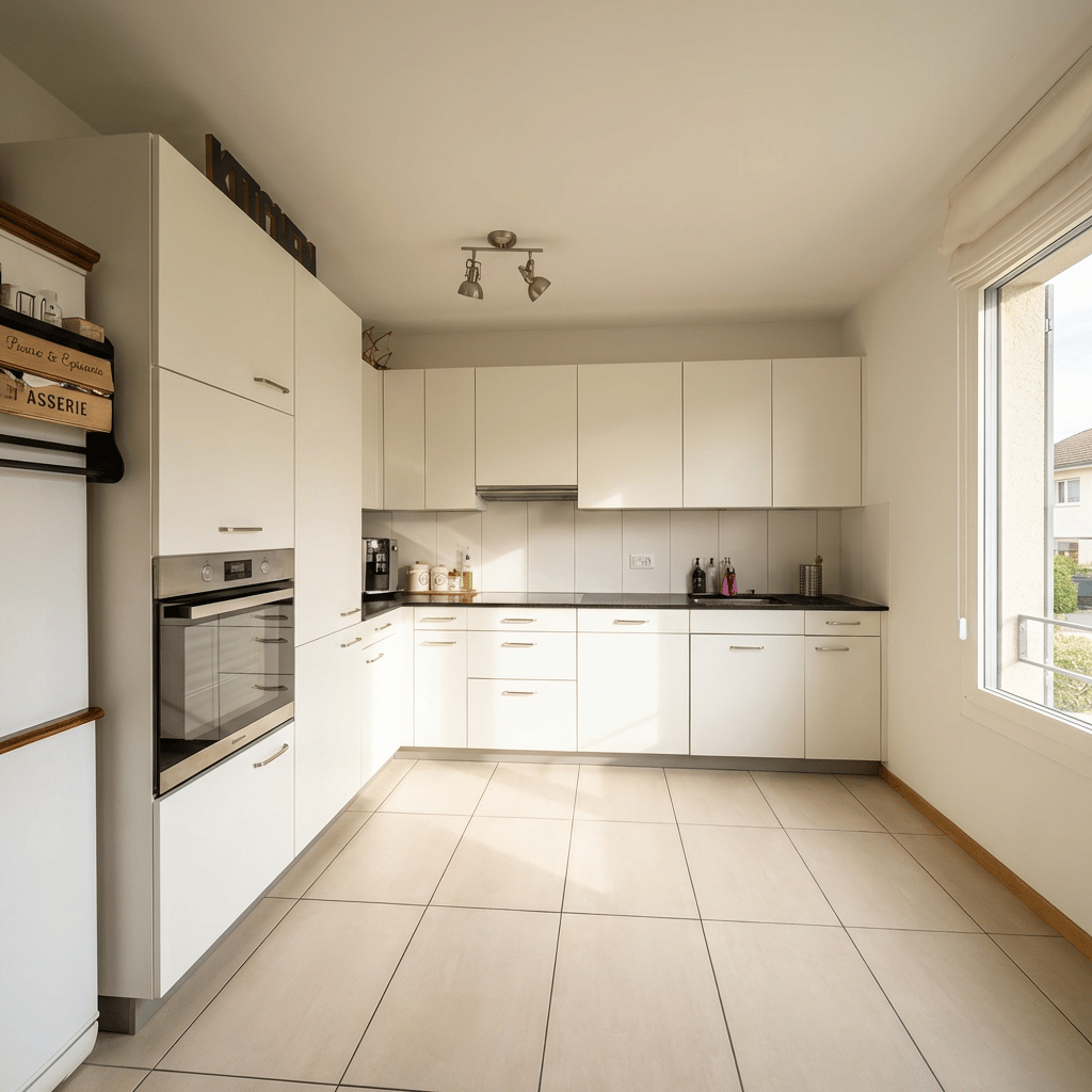 fully equipped kitchen, white cabinets, tiled floor, sink, faucet, coffee maker, dishwasher, oven