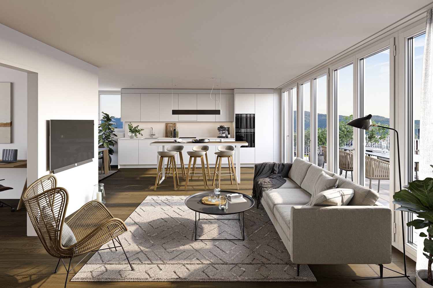 Open-concept living room and kitchen with large windows providing a view, grey sofa, coffee table, rattan chairs, kitchen with white cabinets and island with bar stools