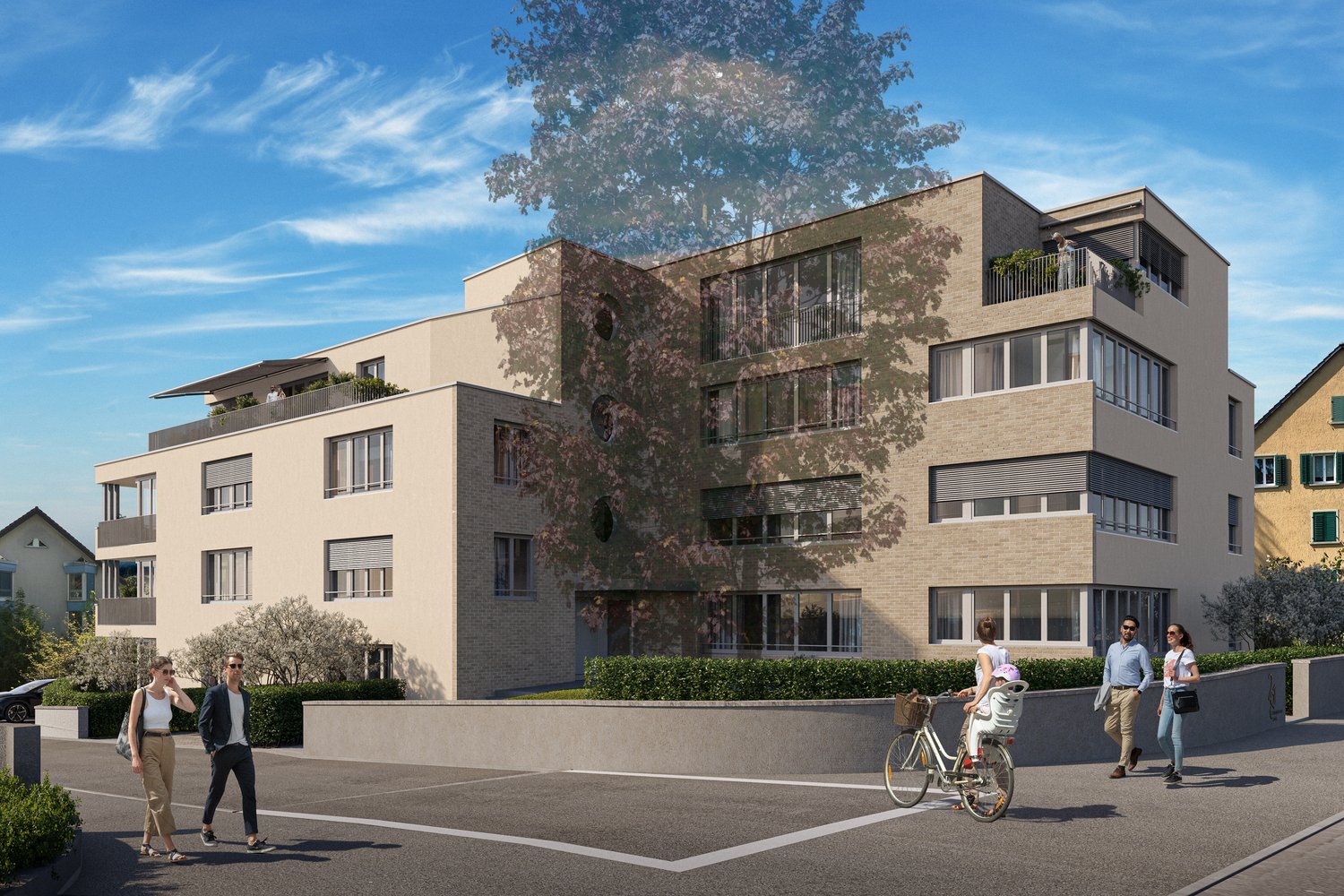 4-story apartment building with brick facade, large windows, and balconies. There are people walking and riding a bicycle in the foreground, and a tree in the background.