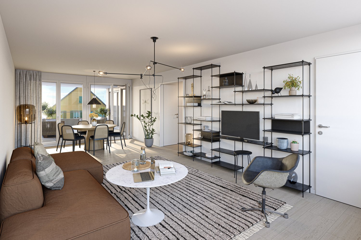 Open floor plan, modern furniture, beige carpet, coffee table, bookshelf, TV, brown sofa, adjustable chair, outdoor dining set, large glass windows