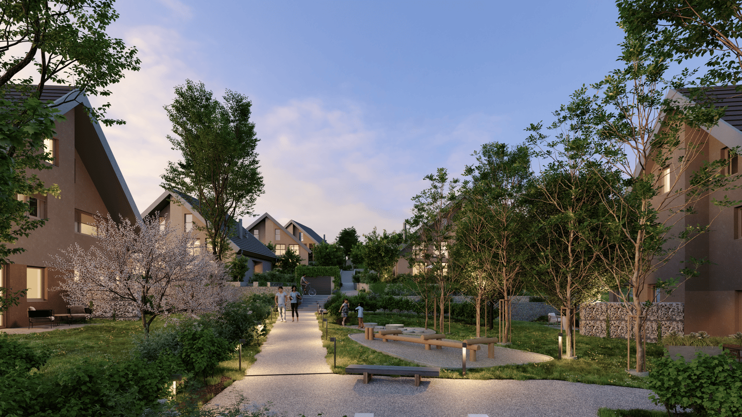 Pathway, benches, trees, plants, houses, people walking, bicycles