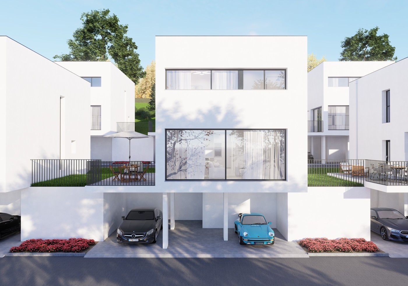 2-story modern white house with large windows, garage, and parking space for 2 cars