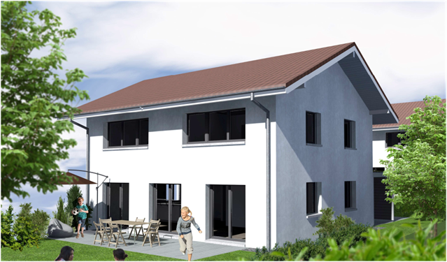 two-story house, white walls, brown roof, large windows, patio, patio umbrella, large doors