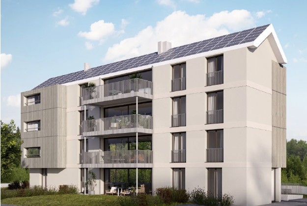 modern apartment building, solar panels on the roof, balconies on each floor, white exterior, large windows