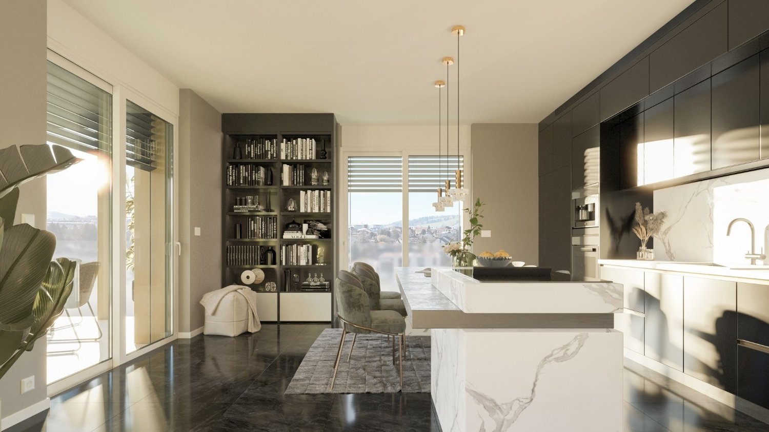 Spacious open-concept living room and kitchen with large windows providing a scenic view. The room features a built-in bookshelf, a dining table, and modern kitchen appliances and cabinetry. The floor is made of dark tiles, and the overall design has a sl
