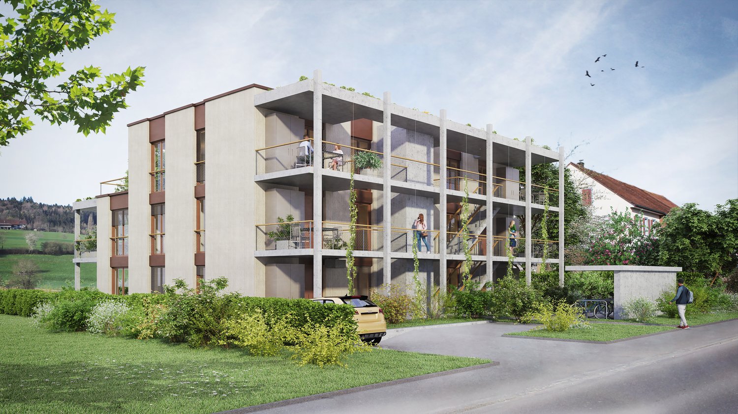 3-story apartment building with balconies, surrounded by greenery and a paved driveway with parking spaces