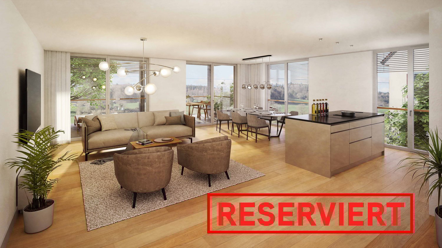 open plan living and dining area, large windows, hardwood floor, large balcony with view, decorative ceiling light, couch, table, chairs, TV, dining table and chairs, kitchen with island