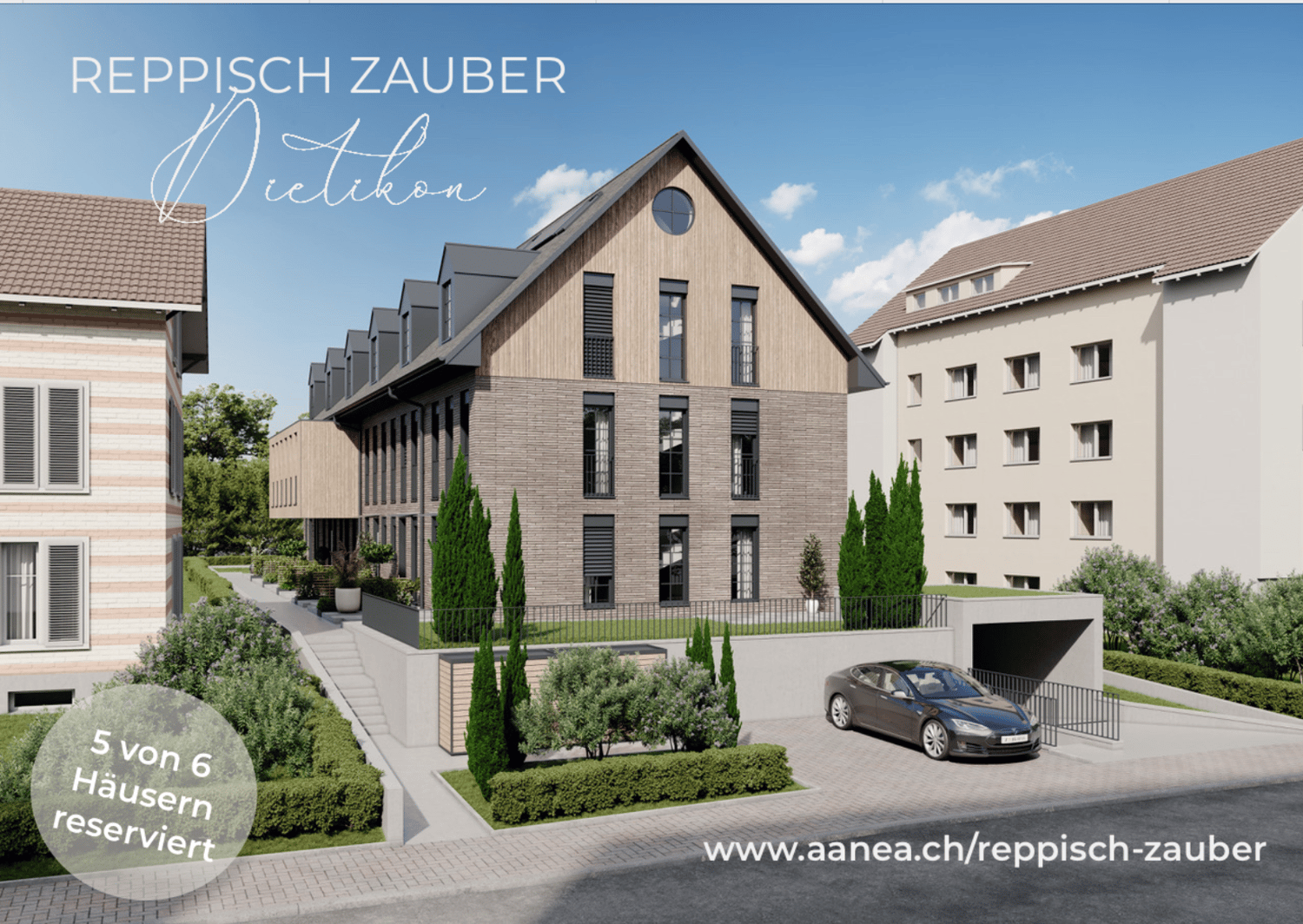 5 story apartment building with wooden and brick facade, large windows, landscaped garden with cypress trees, parking space in front of the building