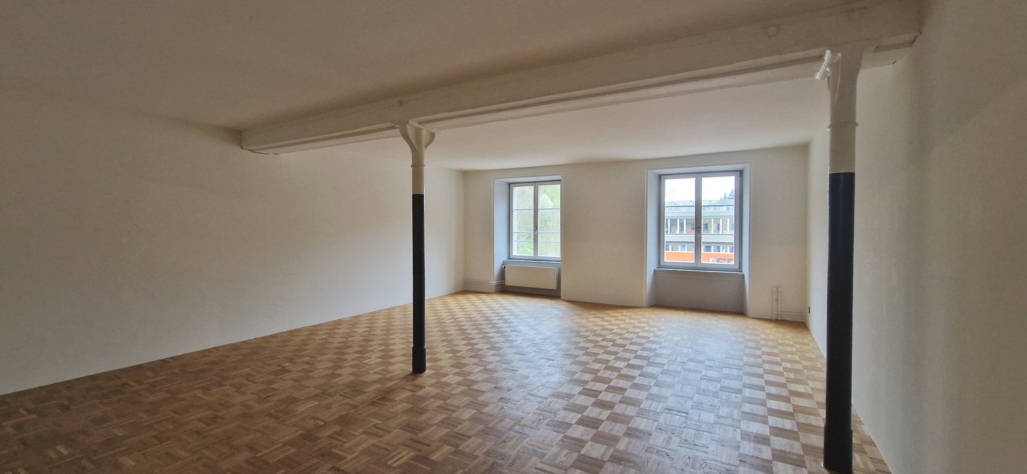 Empty room with wooden parquet flooring, white walls, two windows, and two pillars