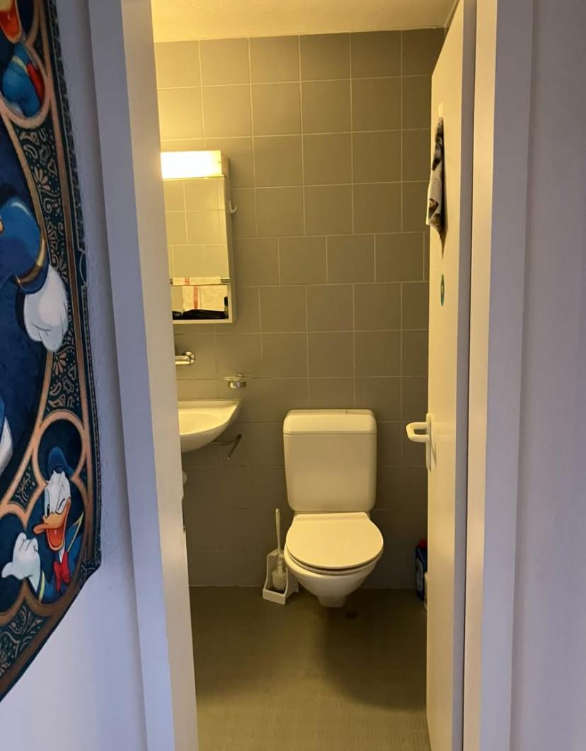 Small bathroom, tiled walls, white sink, white toilet, mirror