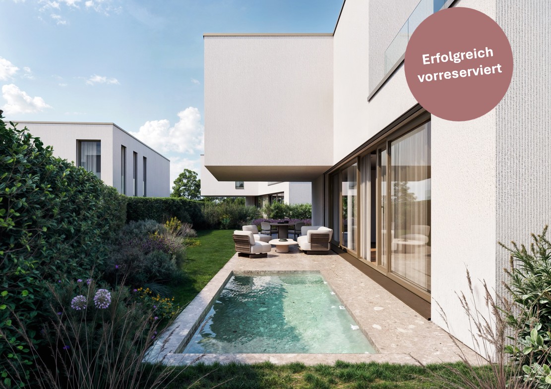 Modern house with a swimming pool in the garden, white exterior, large glass windows, outdoor seating area