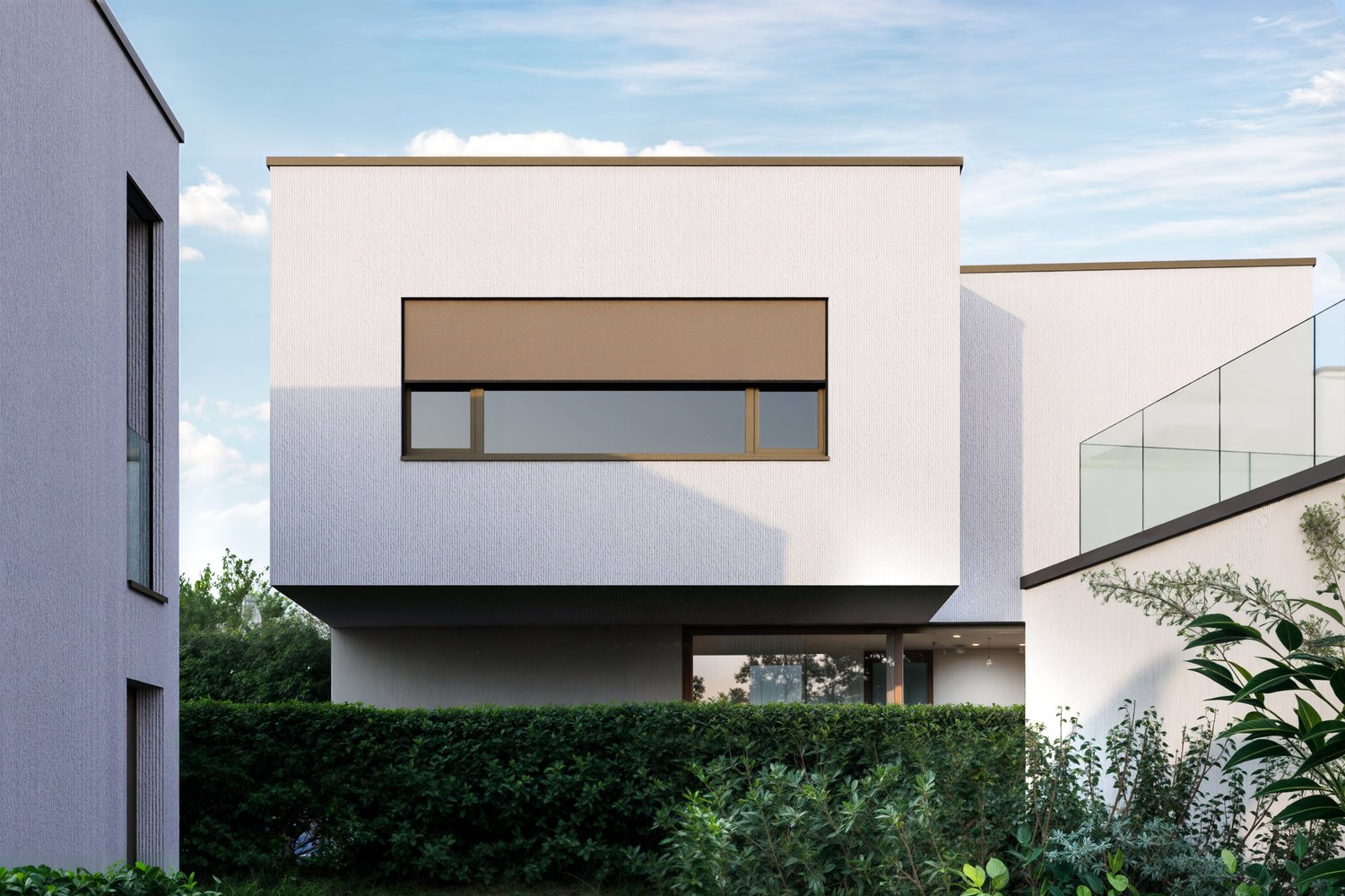 Modern 2-story house, white walls, large window, balcony, green bush, neighboring houses