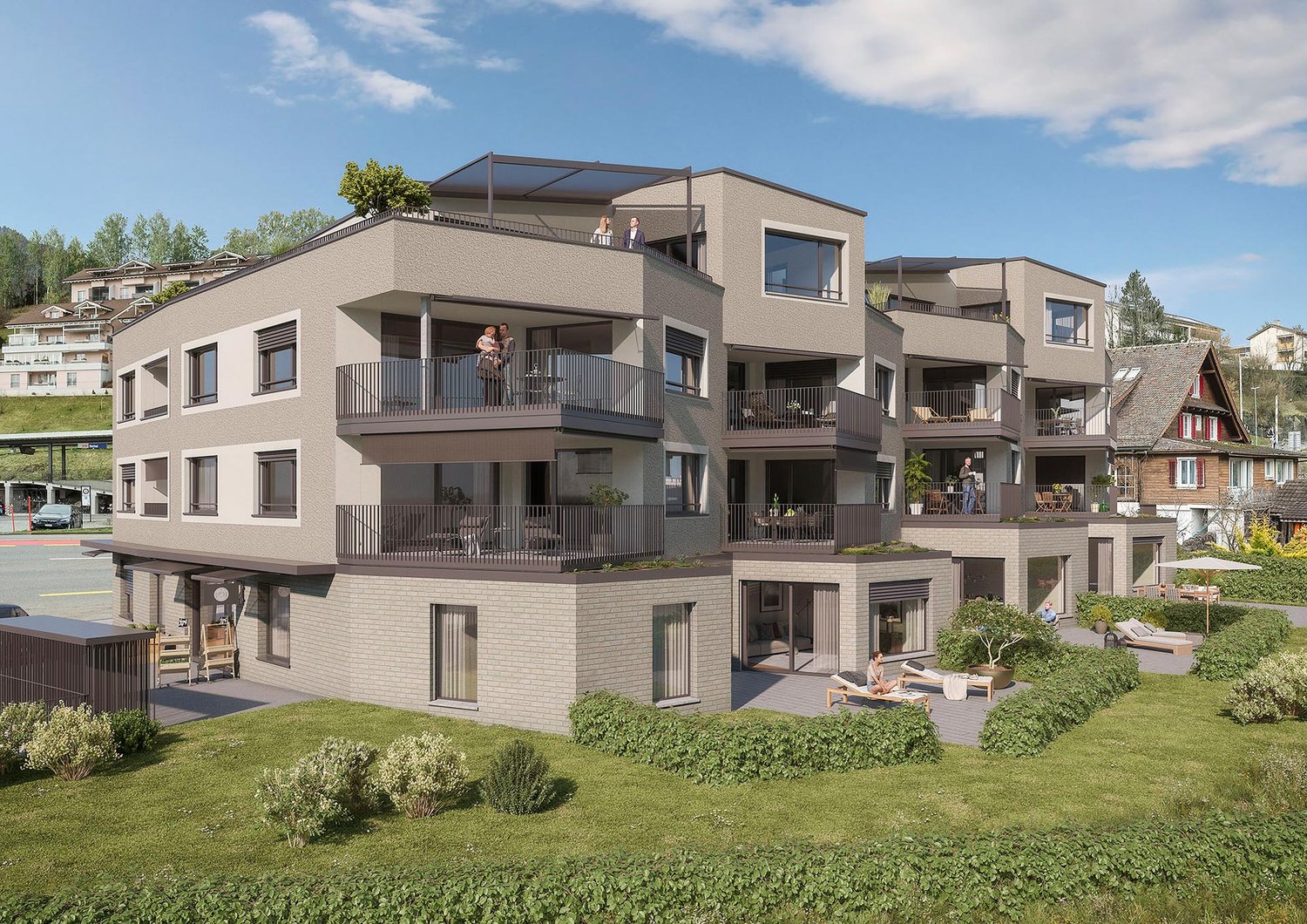 Modern multi-story building with balconies, rooftop terrace, glass windows, garden area with loungers, green lawn, greenery