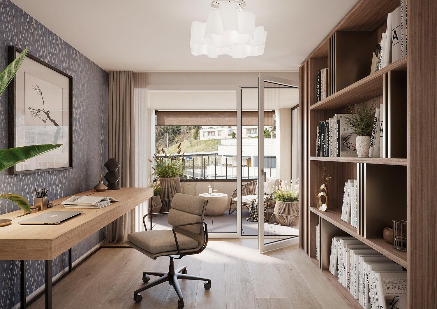 wooden desk, swivel chair, glass sliding doors to balcony, bookshelf with books, plants