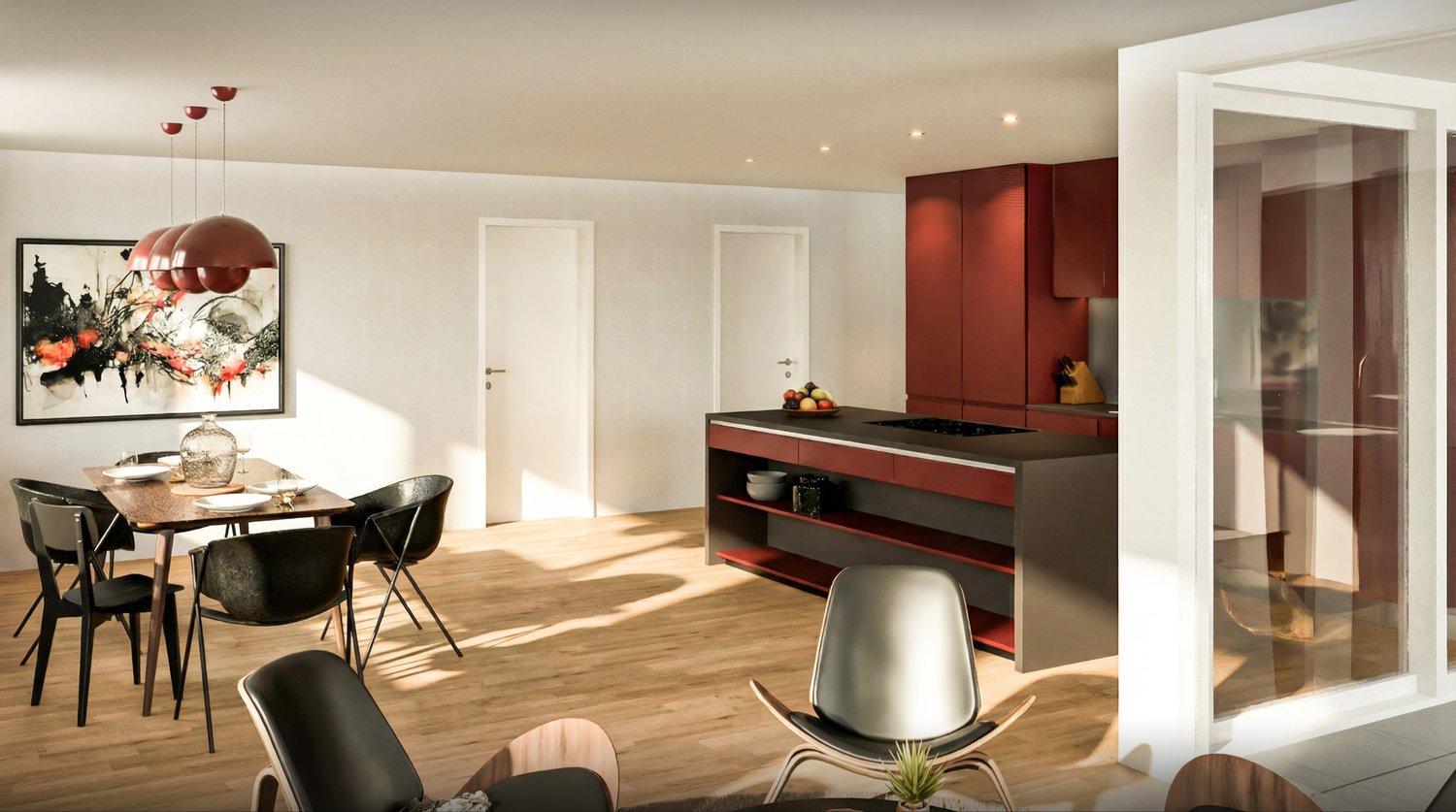 Dining room with wooden floor, modern furniture, red cabinets, kitchen island, dining table, chairs, artwork, pendant lights, glass door