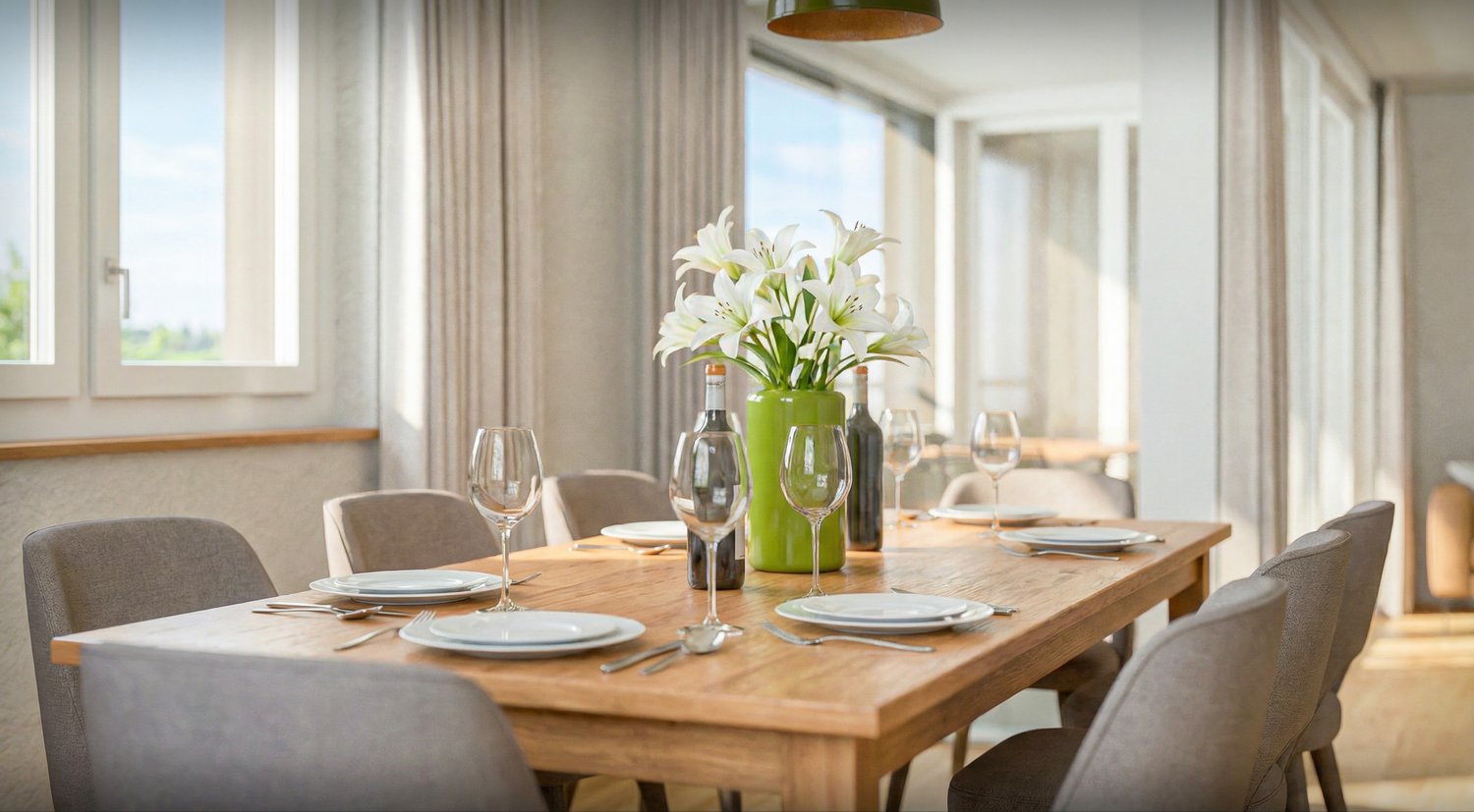 Dining room with wooden table, chairs, white plates, wine glasses, green vase with flowers, wine bottles, cutlery, and windows