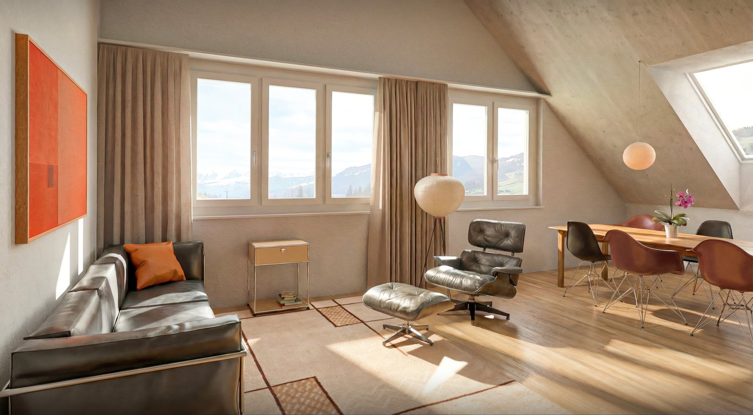 Leather couch, side table, floor lamp, dining table, leather chairs, carpet, large windows, curtains, painting