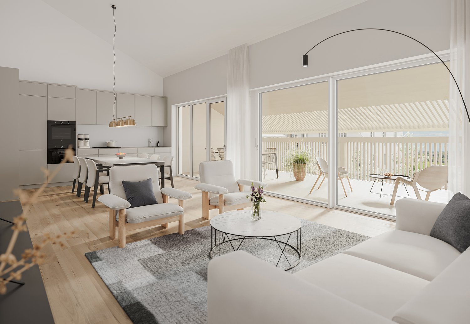 modern living room with glass walls, balcony, dining room with dining table, modern kitchen