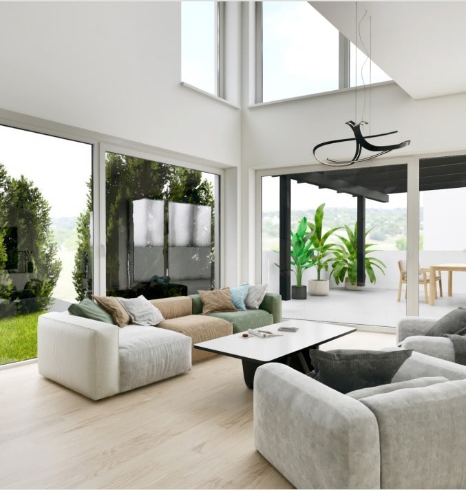 large living area, modern design, white walls, glass walls, open to outdoor area