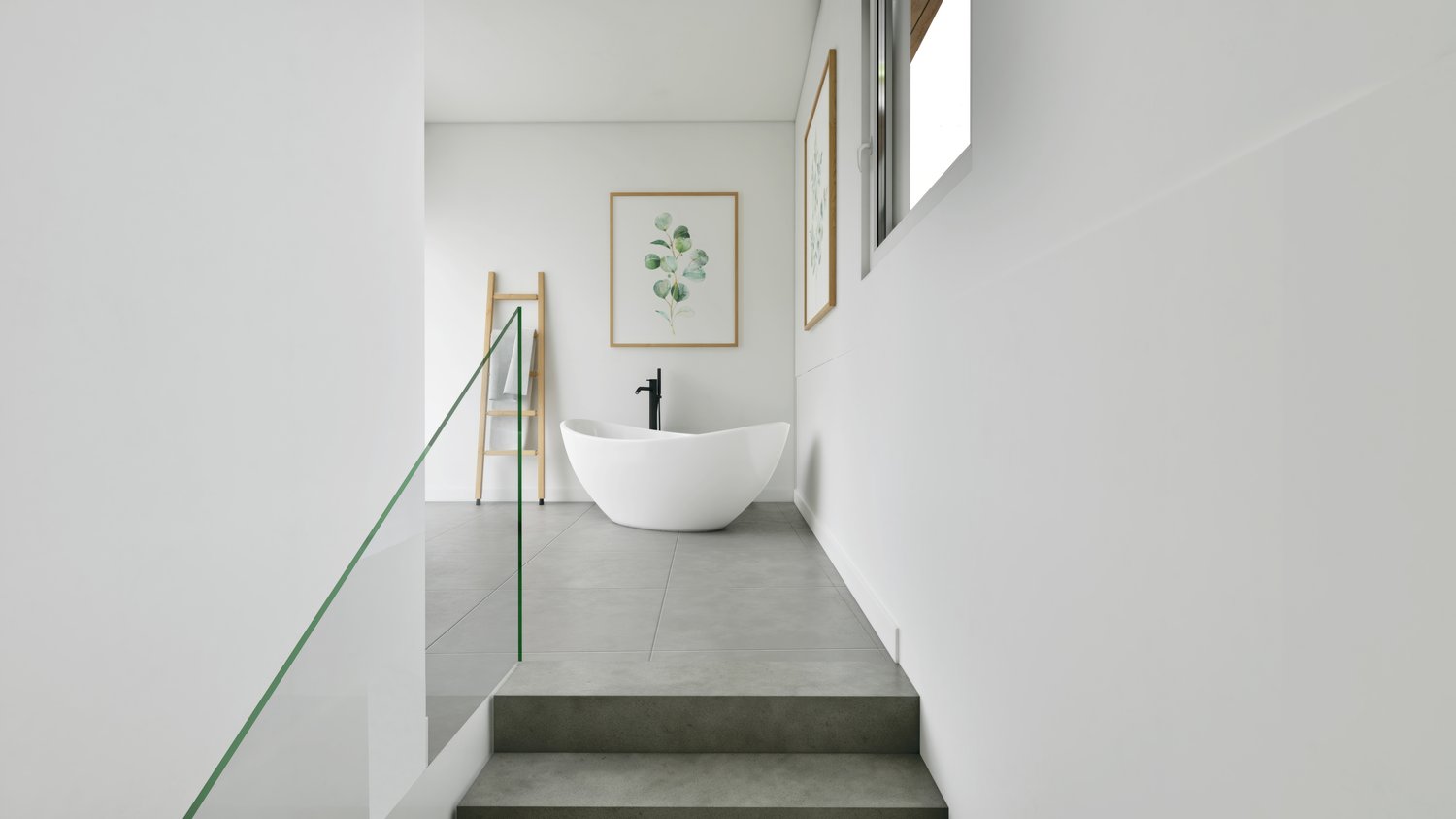 Bathroom with white bathtub, minimalist interior design, grey tiled flooring, glass railing, small window.