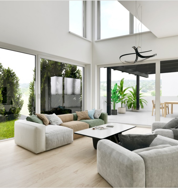 spacious living room, large glass windows, modern furniture, glass table, large sofa, wooden floor