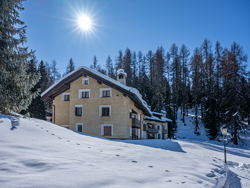 2-story house, beige exterior, covered in snow, balconies, pine trees in the background