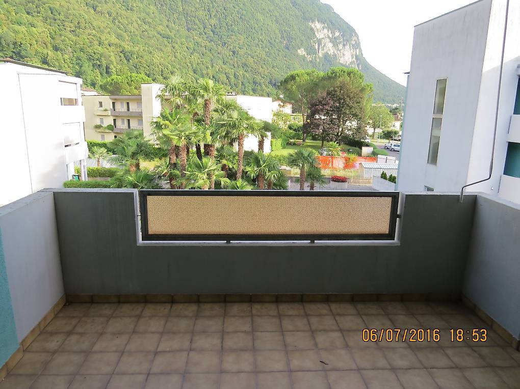 Balcony with tiled flooring, mountain view, glass panel, palm trees, and trees in the surroundings
